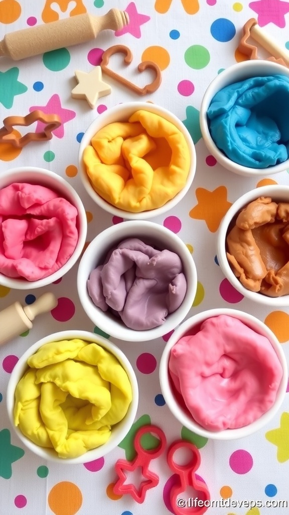 Colorful homemade playdough in bowls with cookie cutters and rolling pins on a playful tablecloth.